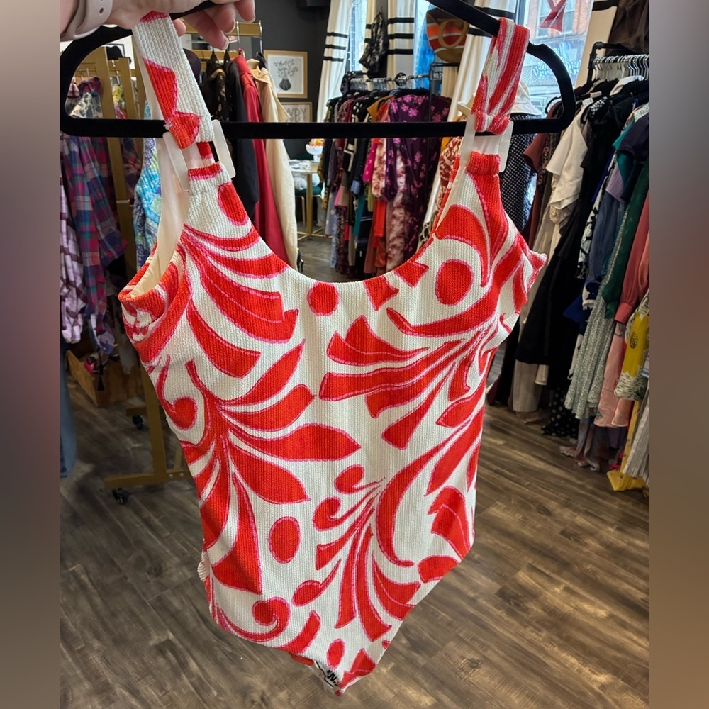 Beach Riot White One-Piece Swimsuit with Red Swirl Print